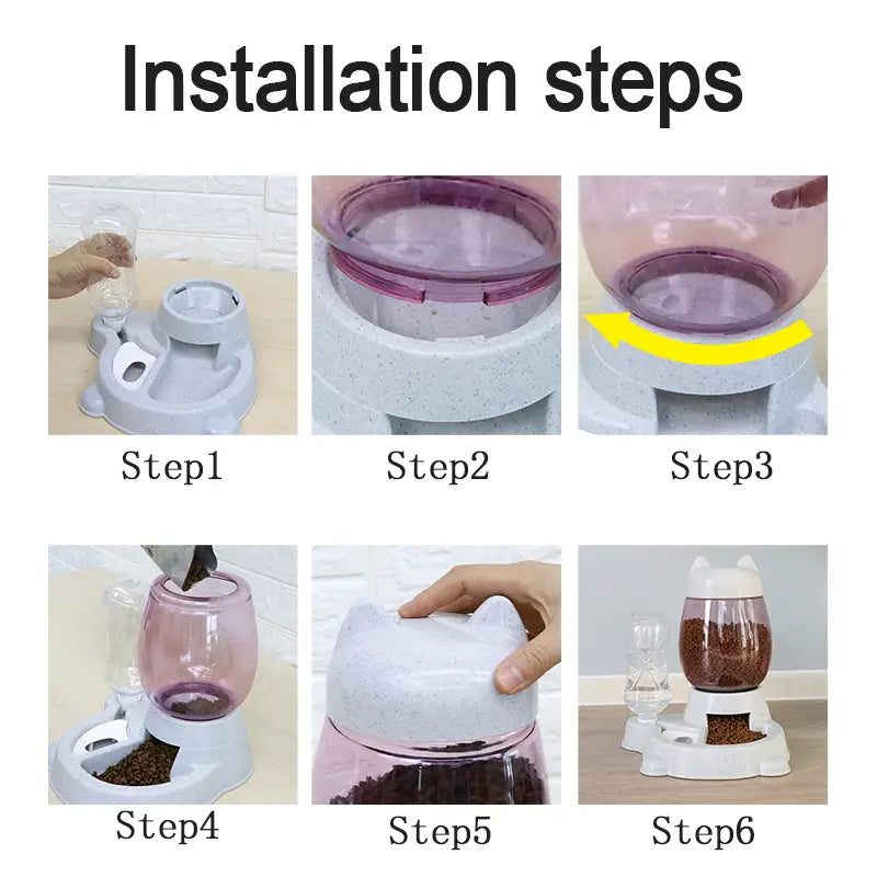 White cat-shaped automatic cat feeder and water fountain with a transparent purple water reservoir and a food compartment for convenient pet feeding.