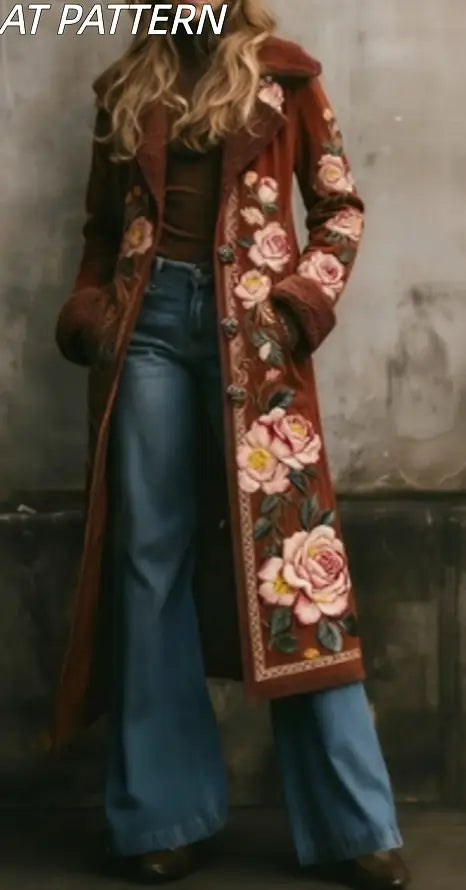 Ein edler Damen-Langmantel aus Wolle in Burgunderrot mit bestickten Details aus rosa und gelben Rosen sowie einem Shearling-Kragen.