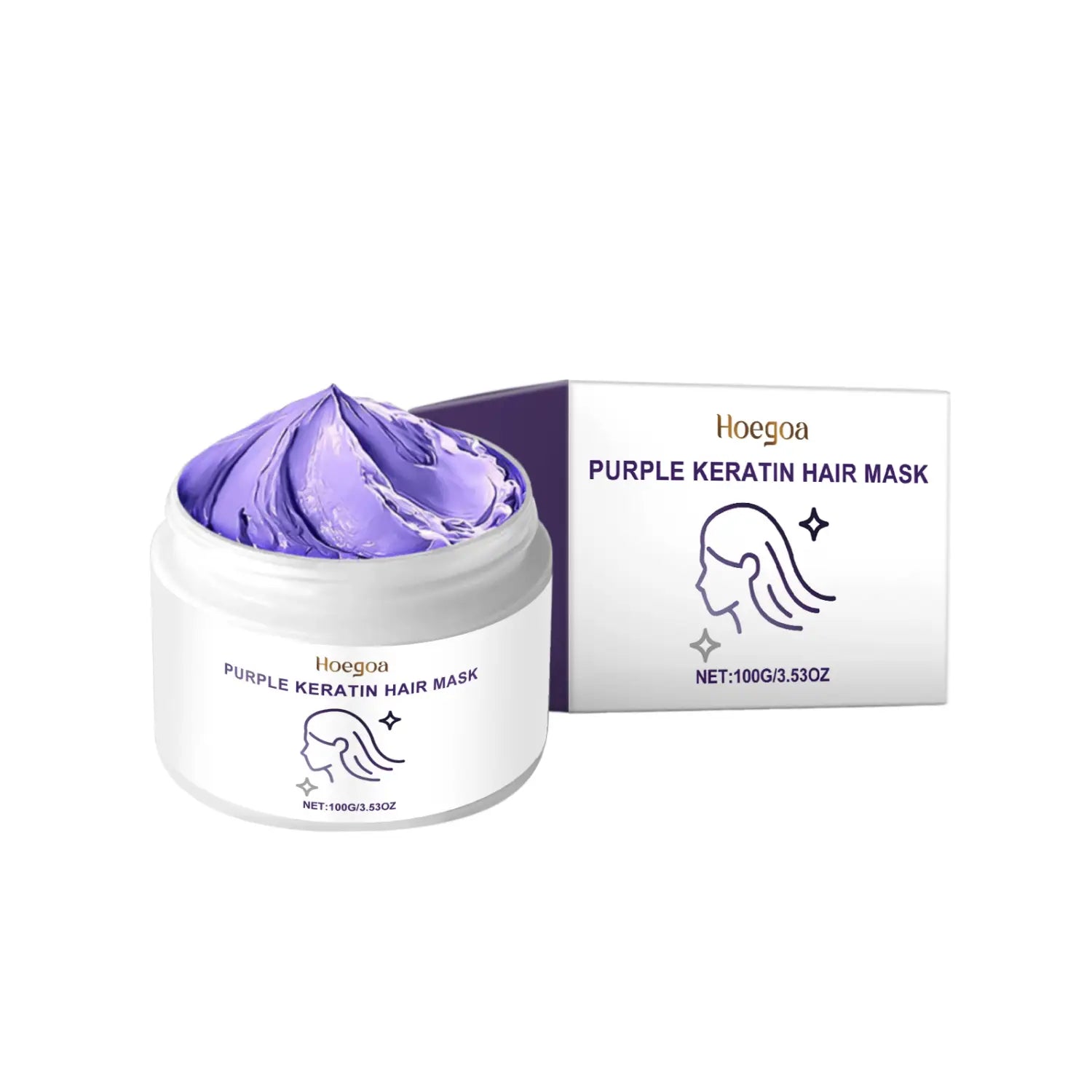 Mascarilla capilar de queratina morada hoegoa en un frasco blanco con un gel de color lavanda vibrante, diseñada para cabello seco y encrespado de 50 ml.
