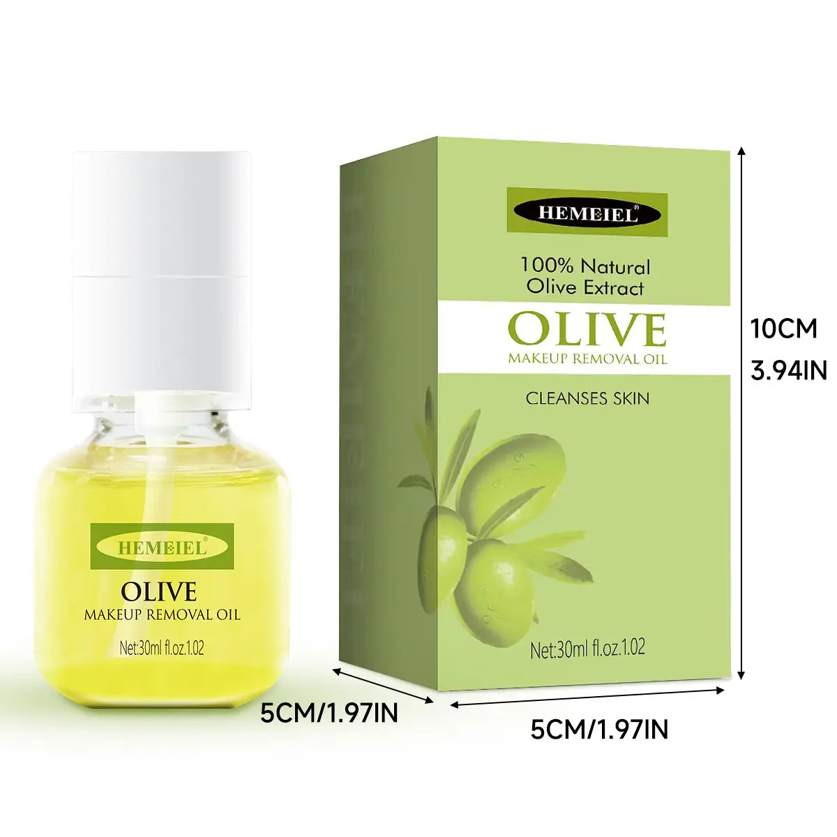 A clear glass bottle with a white pump dispenser filled with golden-yellow olive oil labeled hemeiel olive makeup removal oil sits beside its matching light green rectangular box in a cleansing oil makeup remover olive avocado 30ml product.