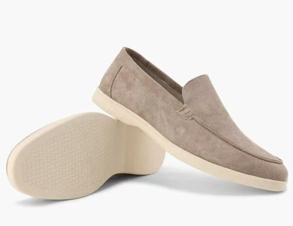 Men’s suede summer loafers in beige with a clean minimalist design and contrasting off-white rubber soles for casual slip-on wear.