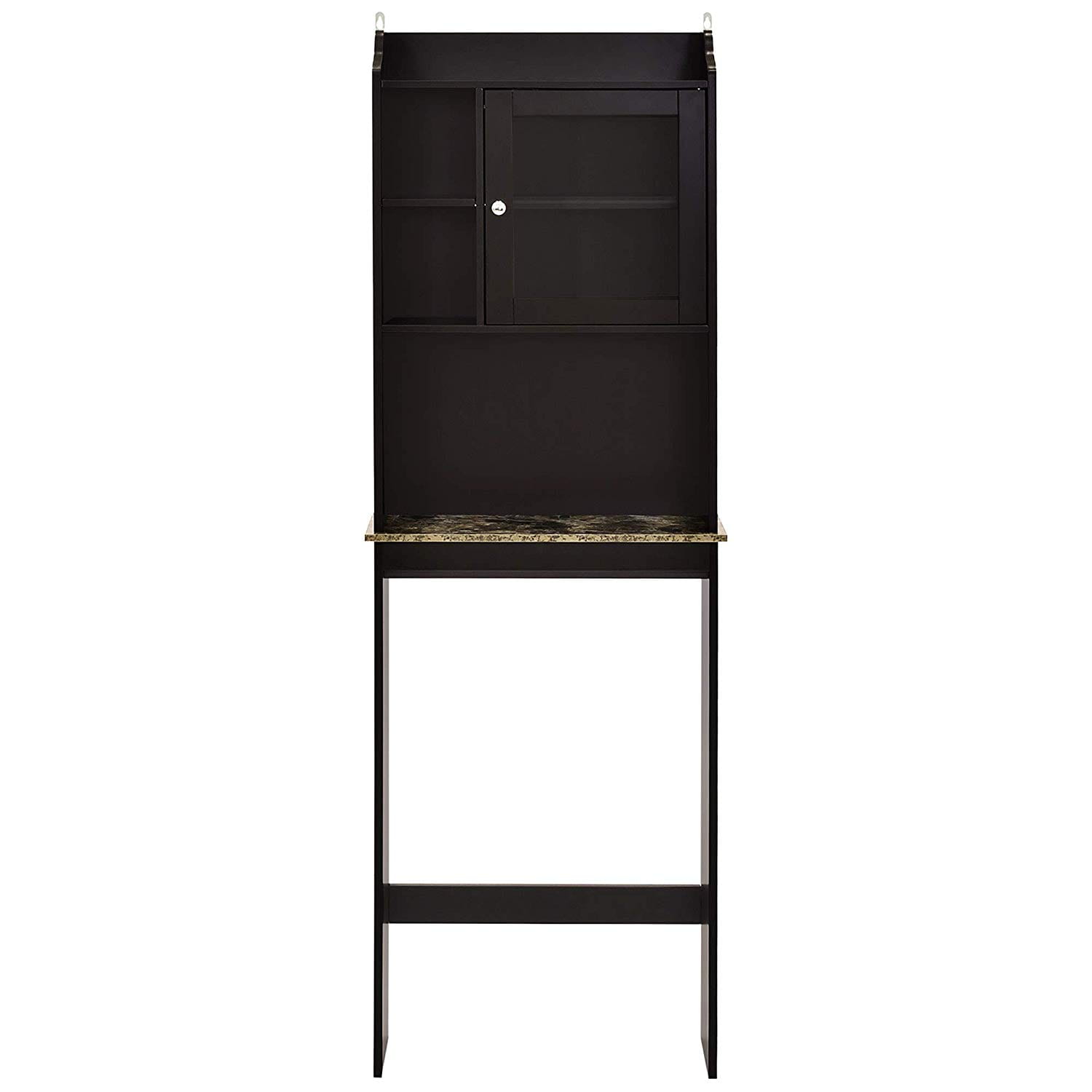 Espresso over the toilet wood storage cabinet features a black wooden desk with a glass-paneled cabinet and a marble countertop.