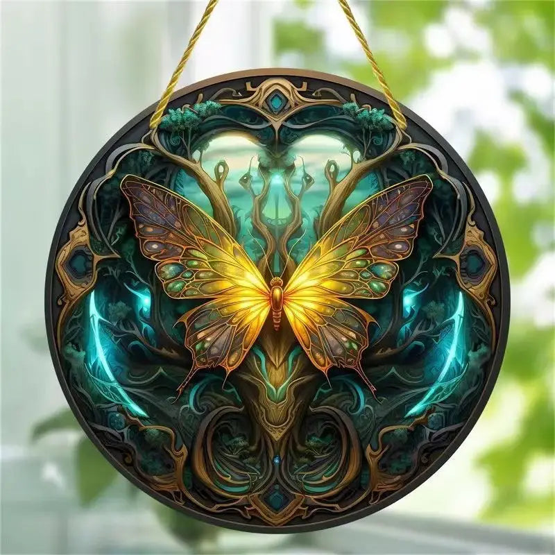 A circular butterfly acrylic wall art floral hanging decor featuring a radiant golden butterfly with intricate wing patterns on an ethereal teal and gold background.