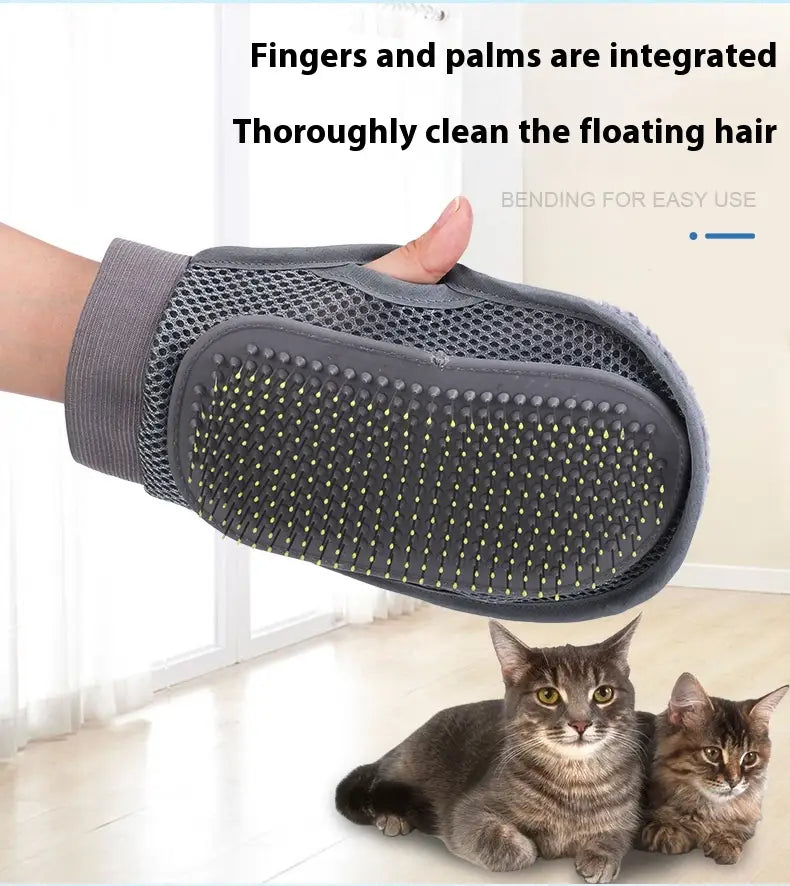 Pet grooming glove silicone hair remover bath brush in gray mesh with integrated fingers and a textured bristle-covered palm for effective pet hair removal.