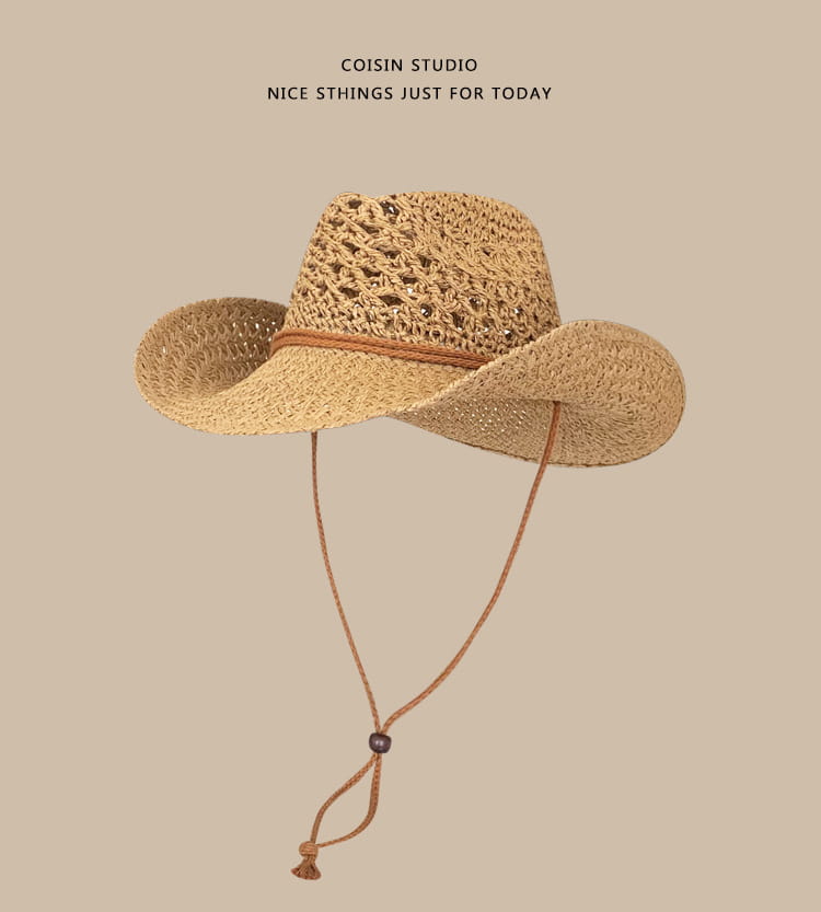 Beige woven straw cowboy hat for men with a brown leather band and adjustable chin strap.