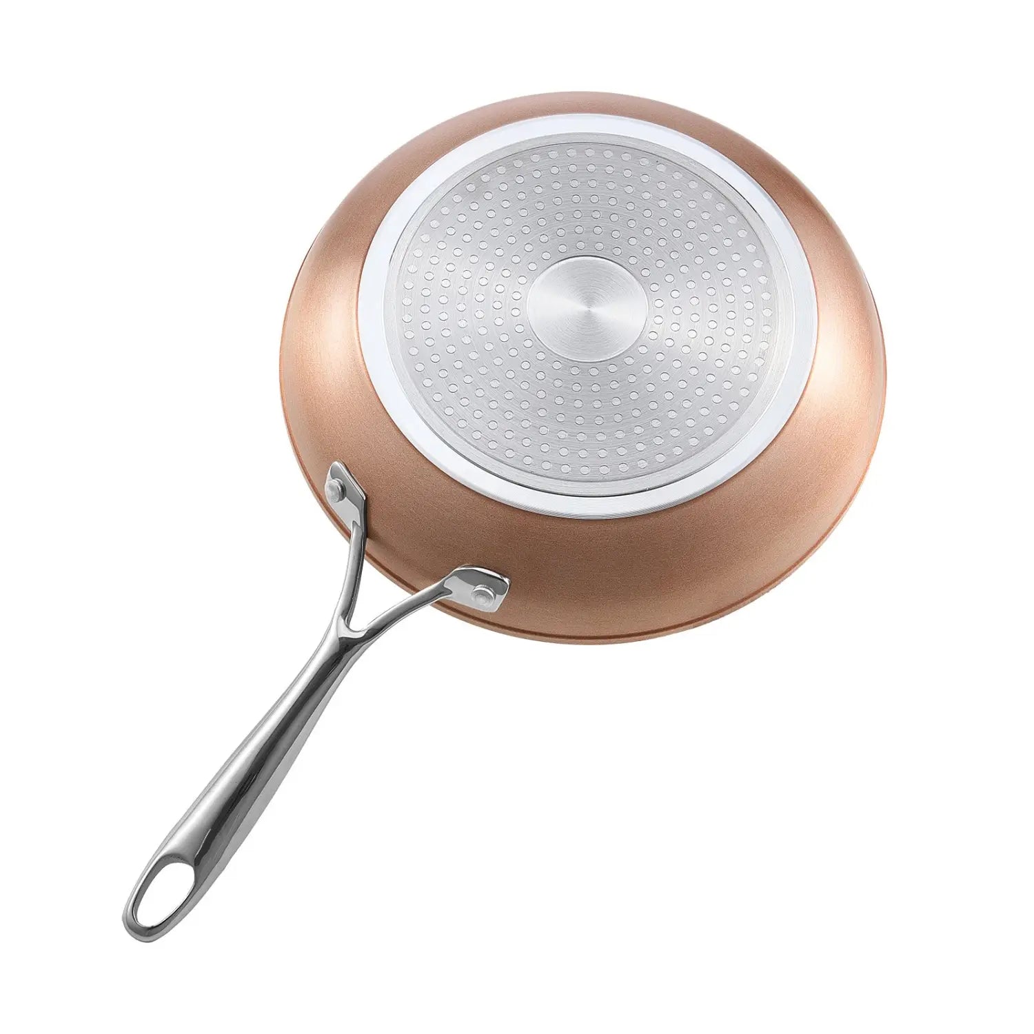 Rose gold nonstick ceramic frying pan with a silver handle and perforated base from a 3-piece nonstick ceramic frying pan set with handles.