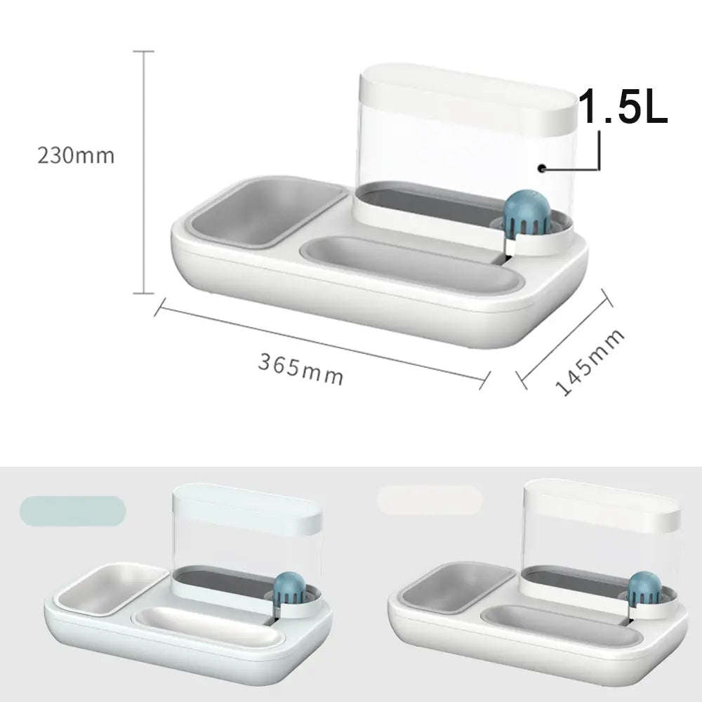 White and gray plastic automatic pet feeder and water dispenser double bowl with 1.5 liter water capacity and separate food and water compartments featuring an integrated blue filter ball in the water section.