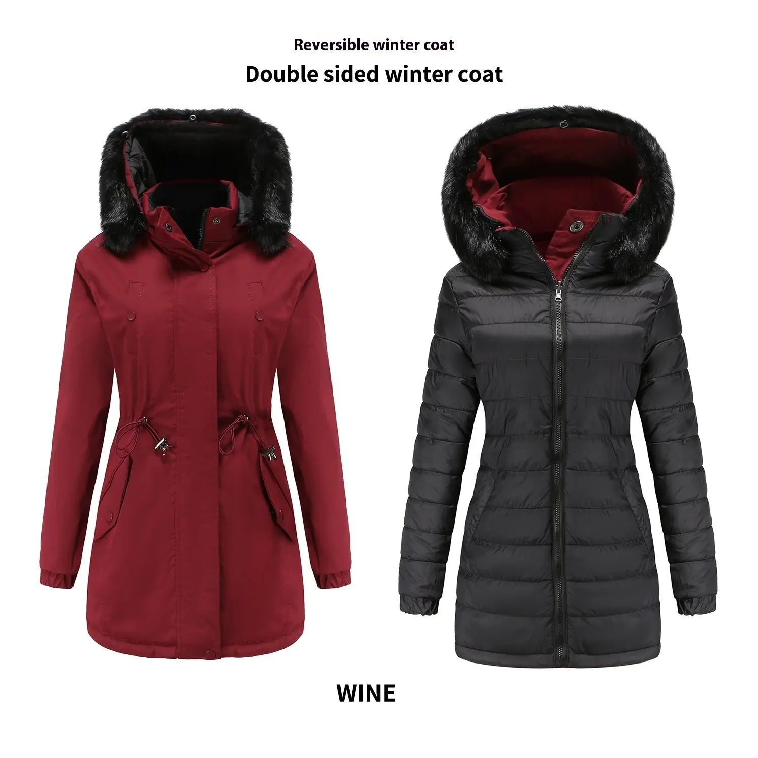 Reversible fur collar quilted parka with a plush black fur-lined hood showing two distinct sides in rich wine red and sleek black.