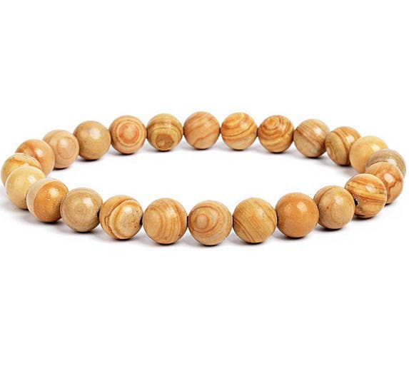A unisex 8mm polished agate and amethyst stretch bracelet featuring smooth round wooden beads in natural tan and light brown tones.