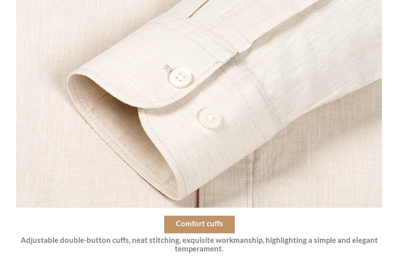Beige linen men linen mandarin collar slim shirt with double-button cuffs and neat stitching.
