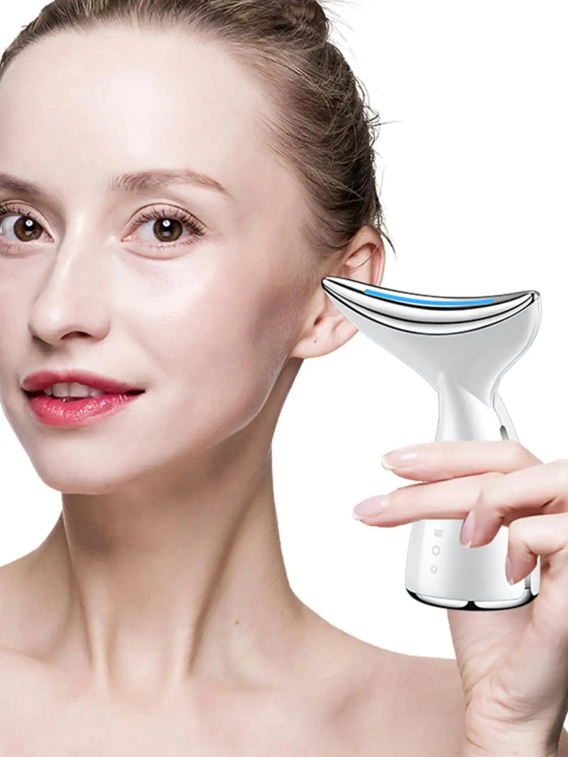 Weißer und blauer LED-Gesichts- und Nackenstraffer mit straffender Massagewirkung, mit elegant-ergonomischem Design zur Faltenentfernung und zur Gesichtsformung.