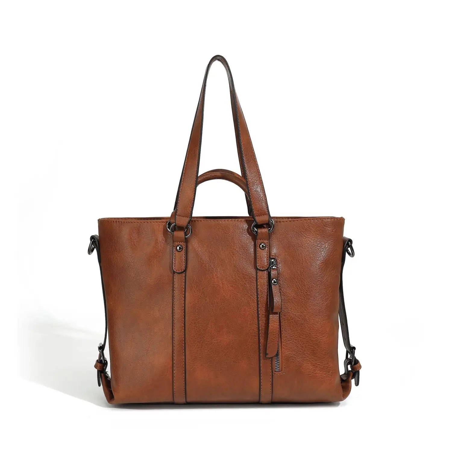 Brown leather large capacity tote bag with dual top handles and adjustable shoulder strap for versatile carrying options.