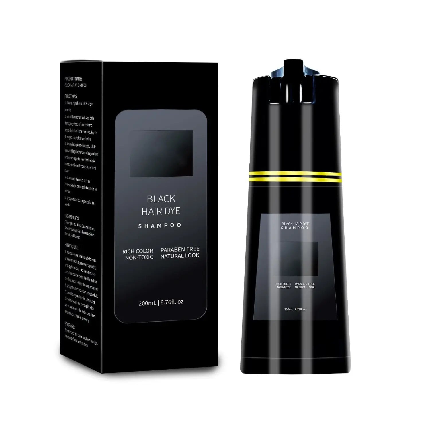 Dark brown hair dye shampoo in a sleek black bottle with gold accents and matching packaging featuring a moisturizing formula in 200ml size.