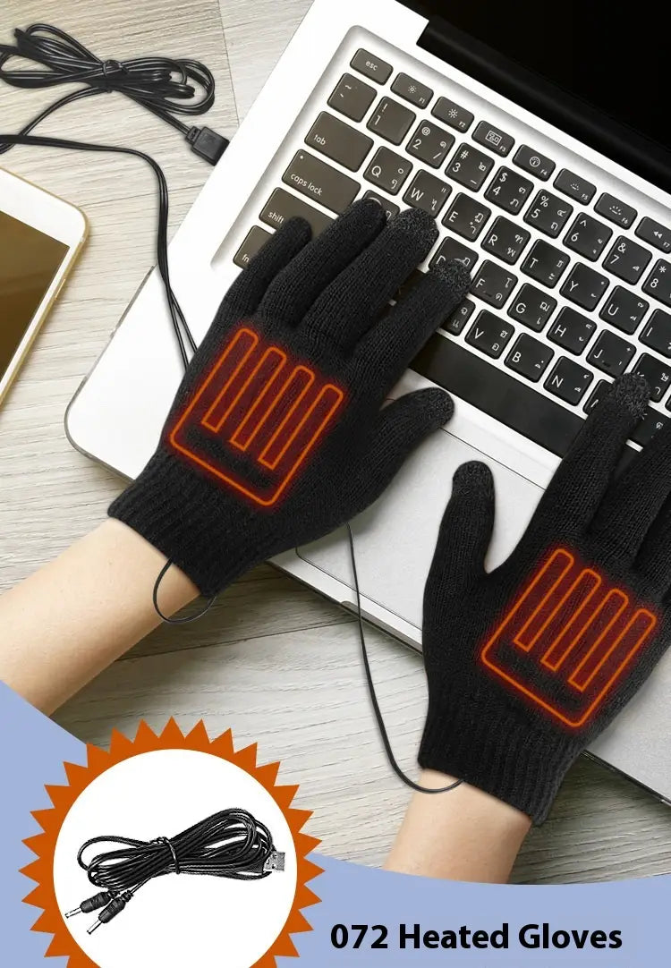 Black knitted usb heated typing gloves showing the back side with glowing orange thermal heating panels designed for winter use.