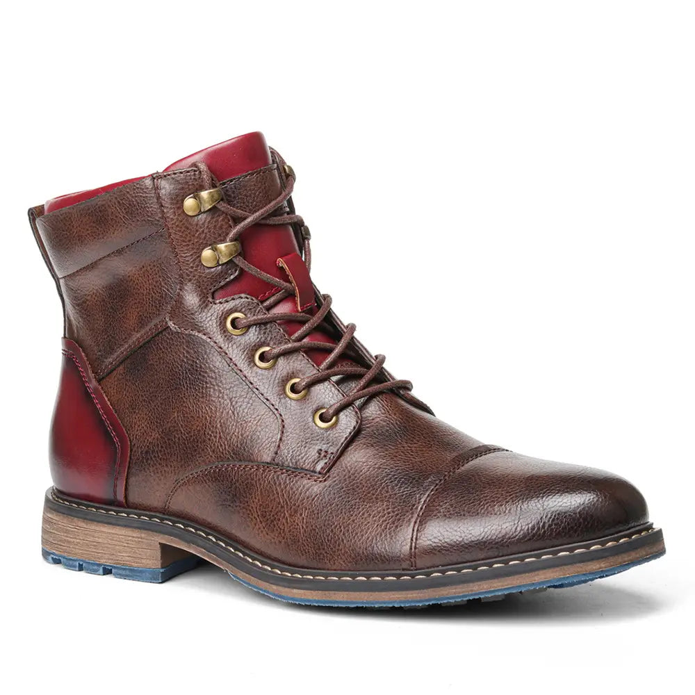Leather martin boots featuring brown leather lace-up design with a contrasting red interior panel and brass eyelets.