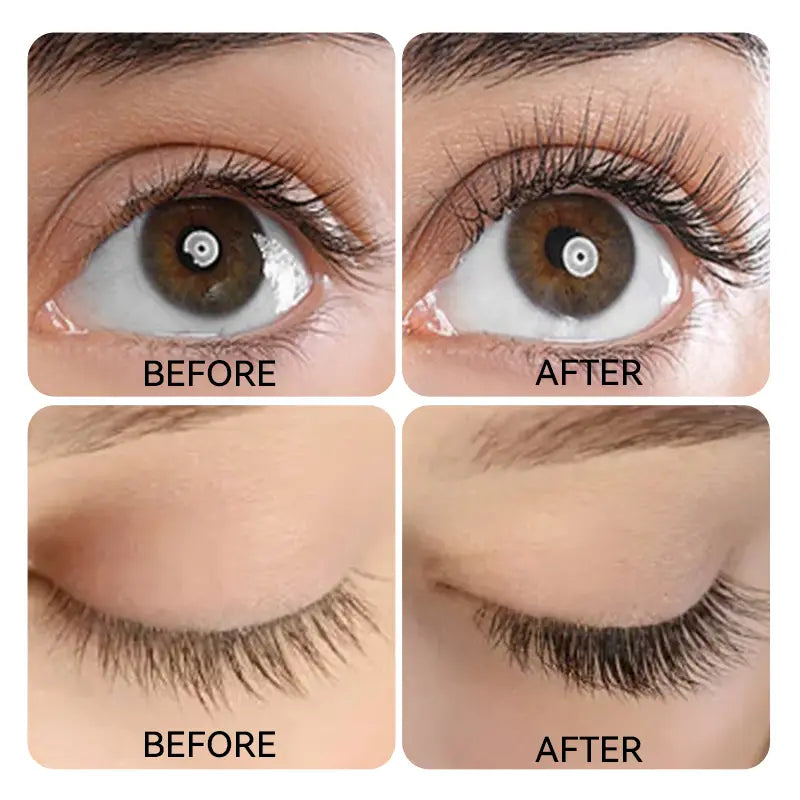 L’image montre une comparaison avant-après des yeux, avec des cils naturels transformés en faux cils plus volumineux et plus longs à l’aide de mascara waterproof liquide pour extensions de cils turquoise.