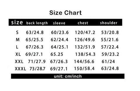 Size chart for air force fur leather bomber jacket with flag lining showing measurements in centimeters and inches for sizes s through xxxl.