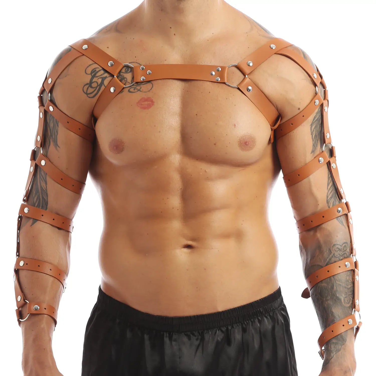 Men’s leather chest harness in tan leather with adjustable straps and silver-toned metal hardware.