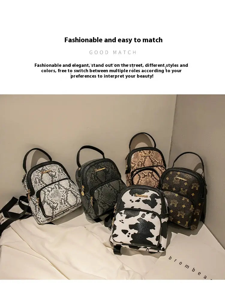 A collection of small fashionable mini backpacks featuring cow and snakeskin animal print patterns in Korean style.