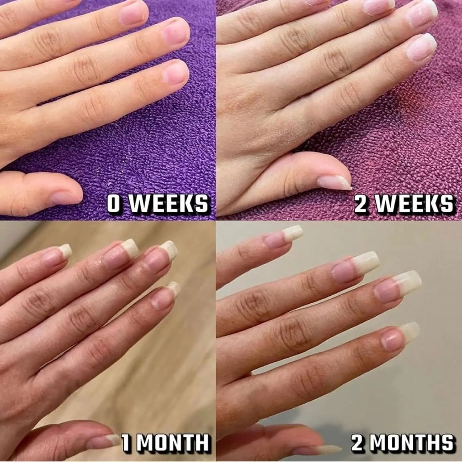 Natural-looking translucent acrylic nails with a french manicure design displayed alongside nail growth oil for strength and moisture 1pc.