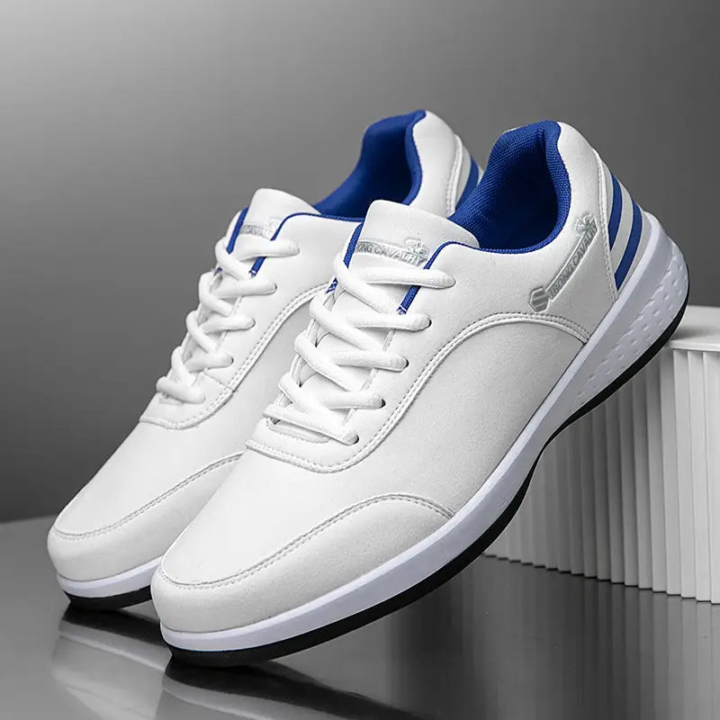 White Strong Cavalry breathable mesh casual athletic sneakers with blue accents and a sleek modern design.