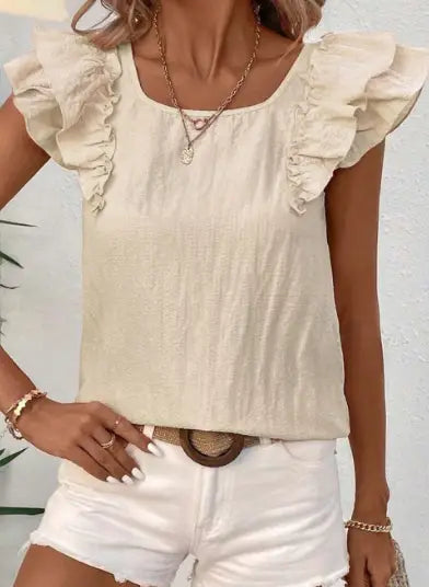 beige textured square neck blouse with ruffled butterfly sleeves made of textured fabric for stylish casual wear