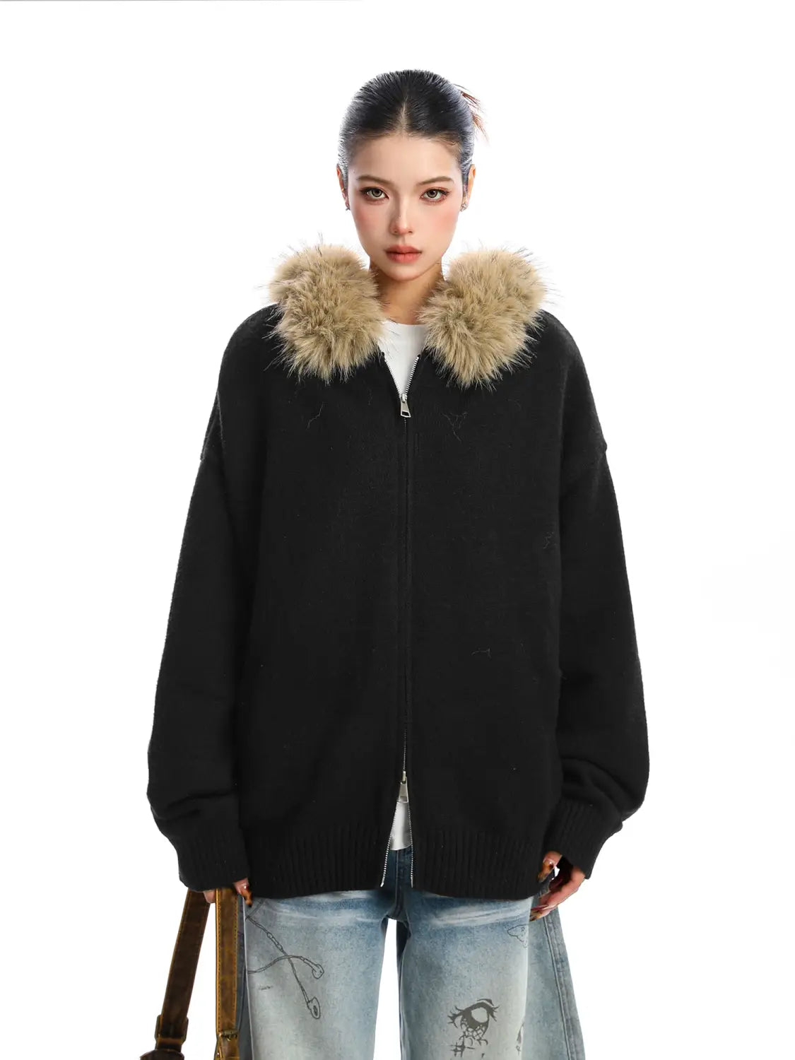Black zip-up hoodie fur collar hooded knit coat with a plush light brown fur-lined hood.