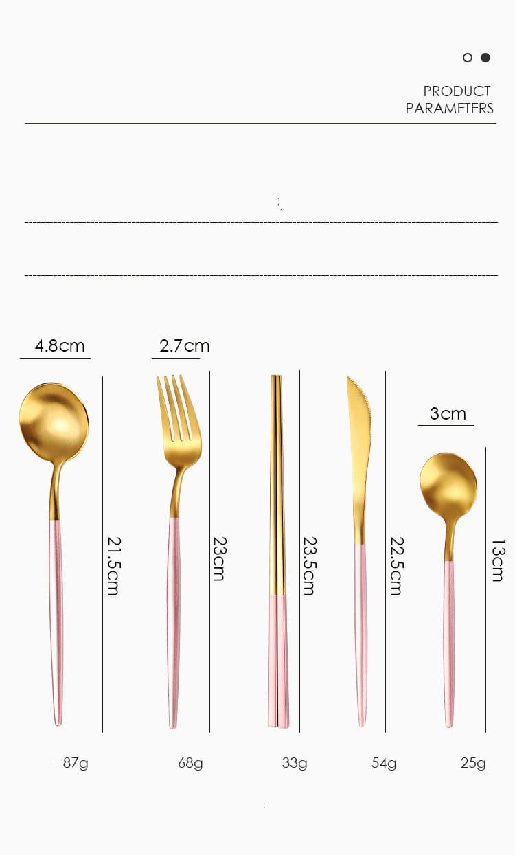 Besteckset aus Edelstahl mit grünen goldfarbenen Griffen mit gold- und rosafarbenem zweifarbigen, schlankem, modernem Design.