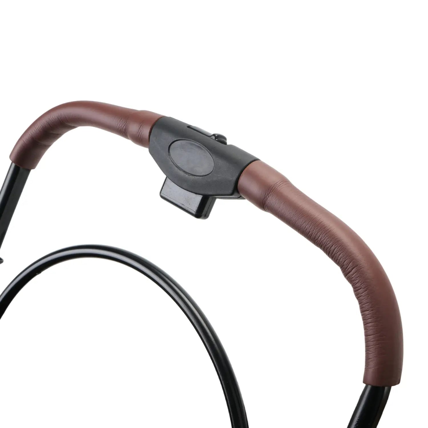 brown leather-wrapped handle with black plastic grip and control button on the back side of a foldable pet stroller for small dogs and cats