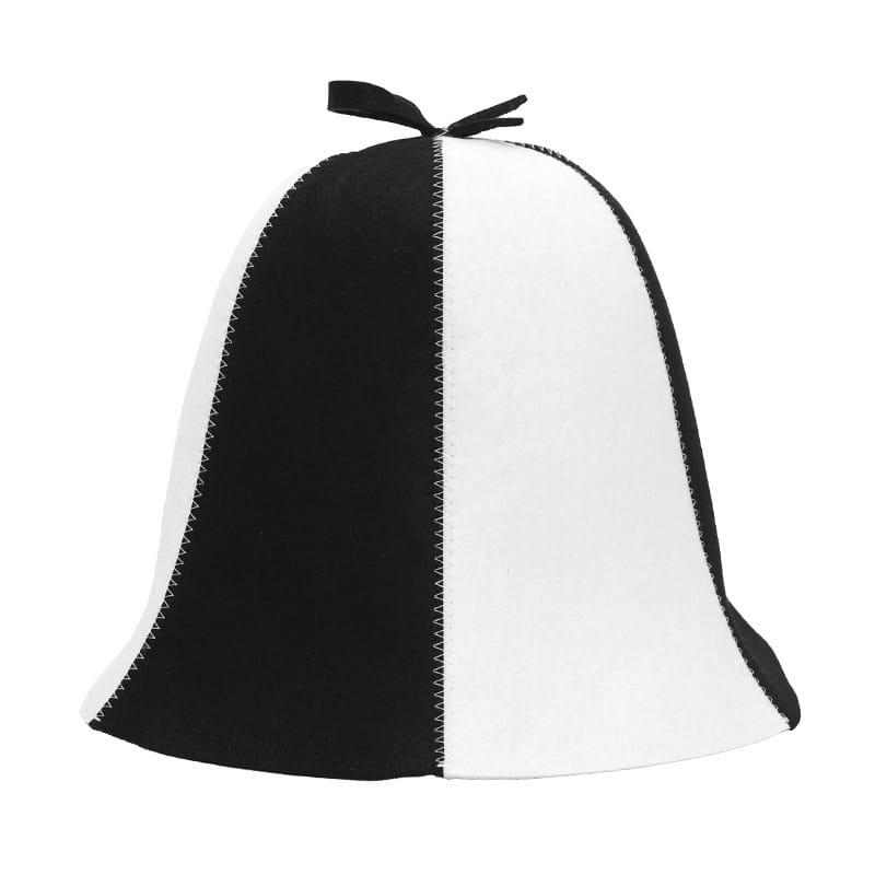 Chapeau de sauna en feutre noir et blanc en forme d’auréole, avec un nœud noué sur le dessus, conçu comme un bonnet de transpiration pour des couvre-chevures de bain