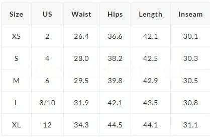 Größentabelle für Damen-Asymmetrie-Weitbein-Hosen mit Maßangaben in Zoll von Größe XS bis XL.
