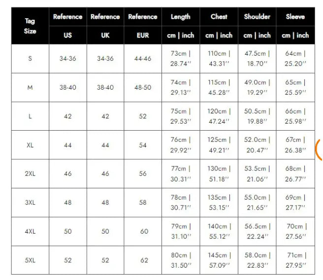 Tableau des tailles indiquant des mesures en cm et en pouces pour les tailles US, UK et EUR, pour les tailles de S à 5XL pour hommes, pull en maille à col montant zippé au quart