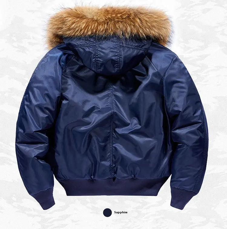 Navy blue satin-lined bomber jacket with a plush tan removable fur collar designed for plus size wear.