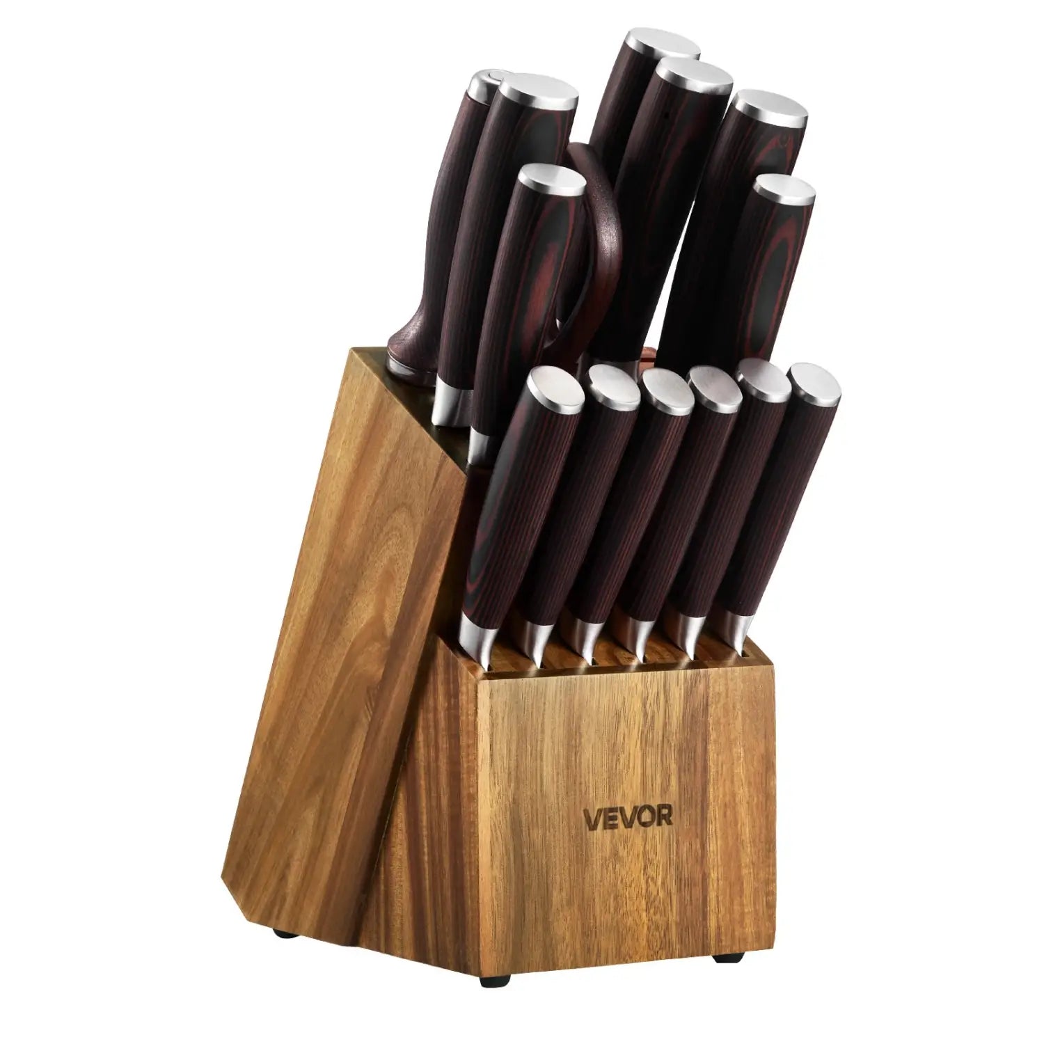 Jeu de couteaux Vevor de 18 pièces en acier inoxydable à haute teneur en carbone, avec des manches en bois foncé, présenté dans un bloc en bois.