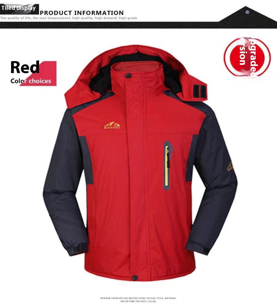 Men’s mid length fleece lined insulated winter jacket in red and navy blue two tone with waterproof material hood front zipper closure and side pockets.