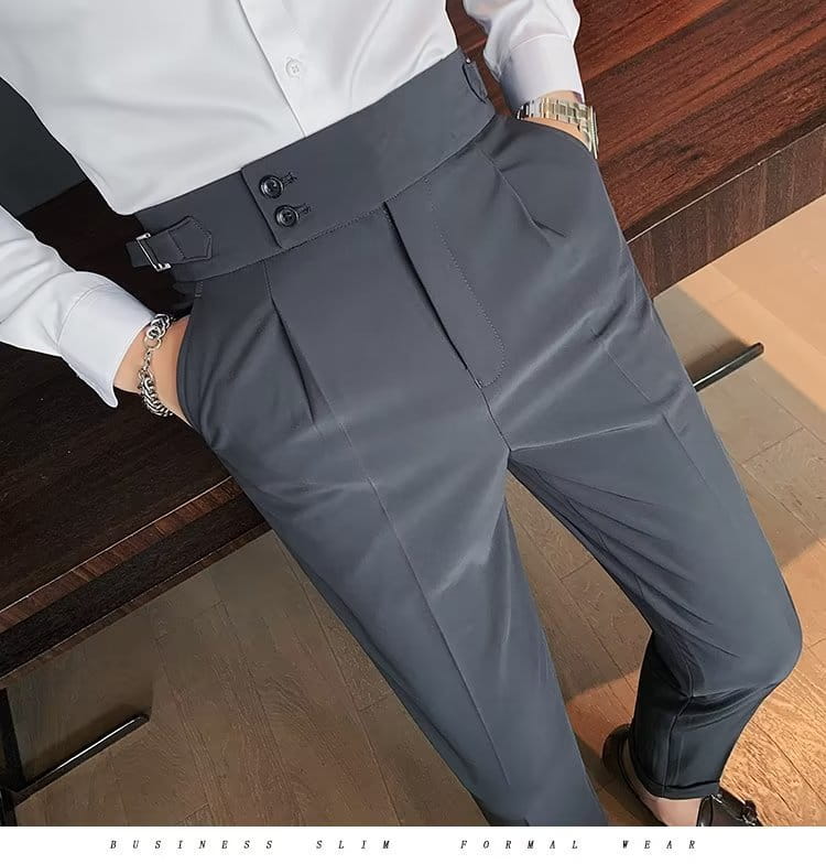 Slim gray Korean style slim fit men trousers with a wide belt featuring two buttons and a buckle made from formal fabric.