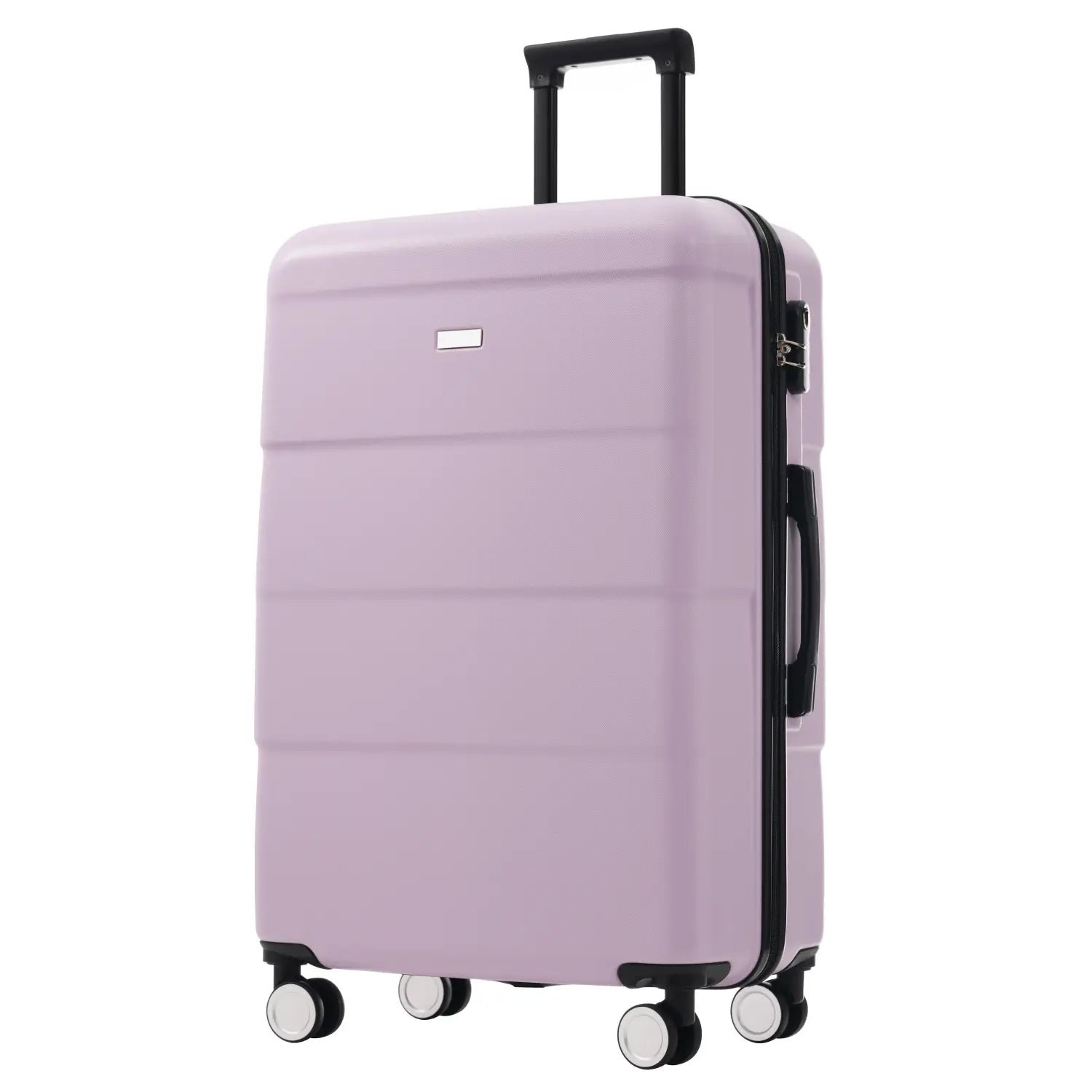 Pastel lavender hard-shell suitcase with black trim handle and spinner wheels from the lavender 6 piece hardshell luggage set.