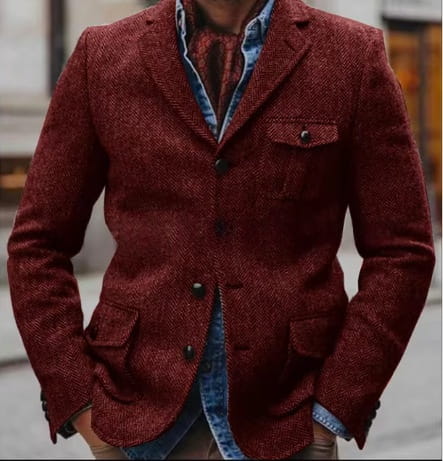 Men herringbone slim fit suit jacket in rich burgundy textured wool with a classic double-breasted design and dark button accents.