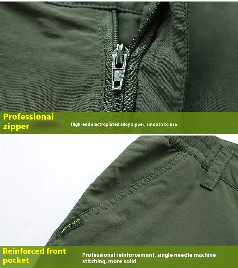 Plus size loose cargo pants in dark green fabric feature a professional zipper with silver-toned metal pull and reinforced front pocket stitching for durable tactical use.