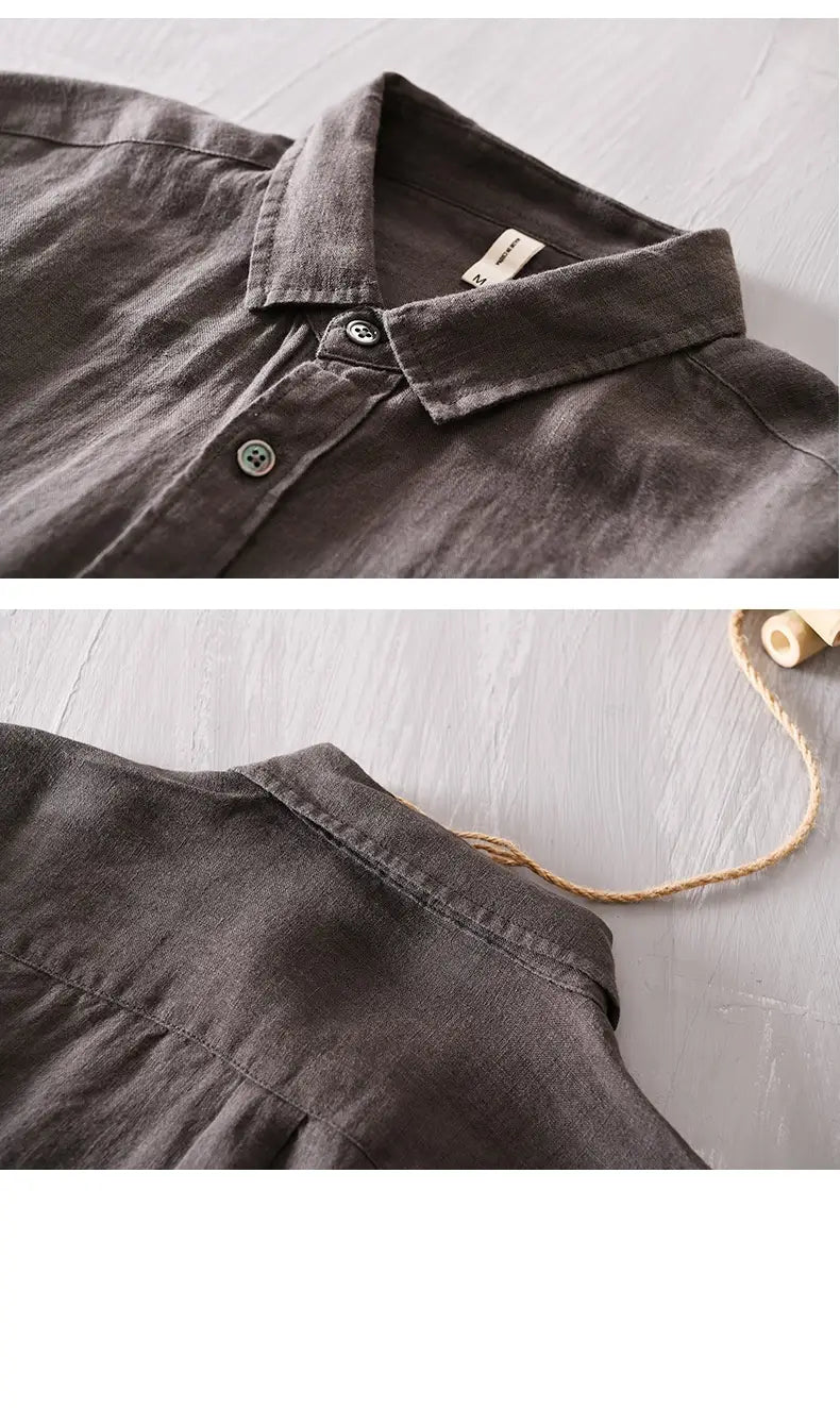 Herren-Cotton-Linen-Freizeithemd mit langen Ärmeln in Dunkelgrau mit klassischem Kragen und passenden Knöpfen.