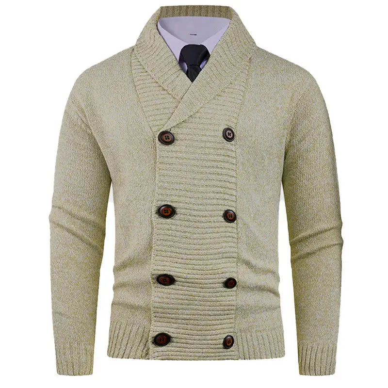 Beige men’s double-breasted knit cardigan with ribbed detailing and dark brown buttons made from soft knit fabric.