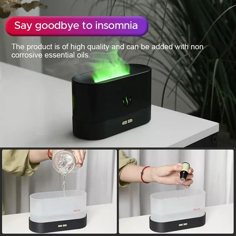Black rectangular essential oil diffuser with green glowing mist and minimalist design for aroma diffusion and humidifying with 180ml capacity.