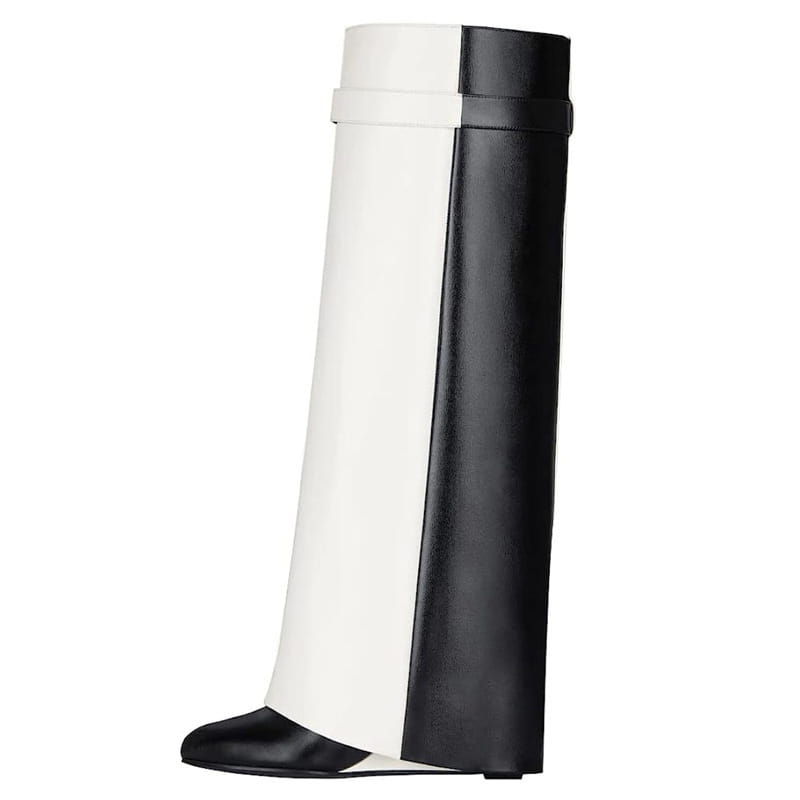 Black and white leather knee high wedge boot with sleek modern design and silver padlock buckle.