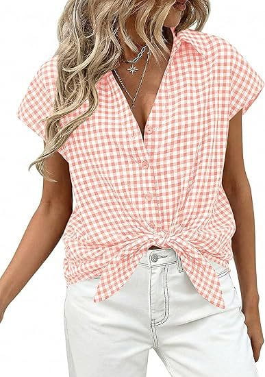 Pink and white gingham short-sleeved blouse with a v-neckline and front knot detail perfect for casual wear.