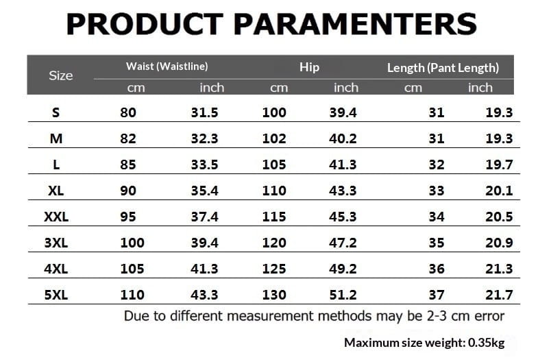 product parameters table for men faux leather shorts glossy slim fit black showing sizes from s to 5xl with waistline hip and pant length measurements in centimeters and inches.