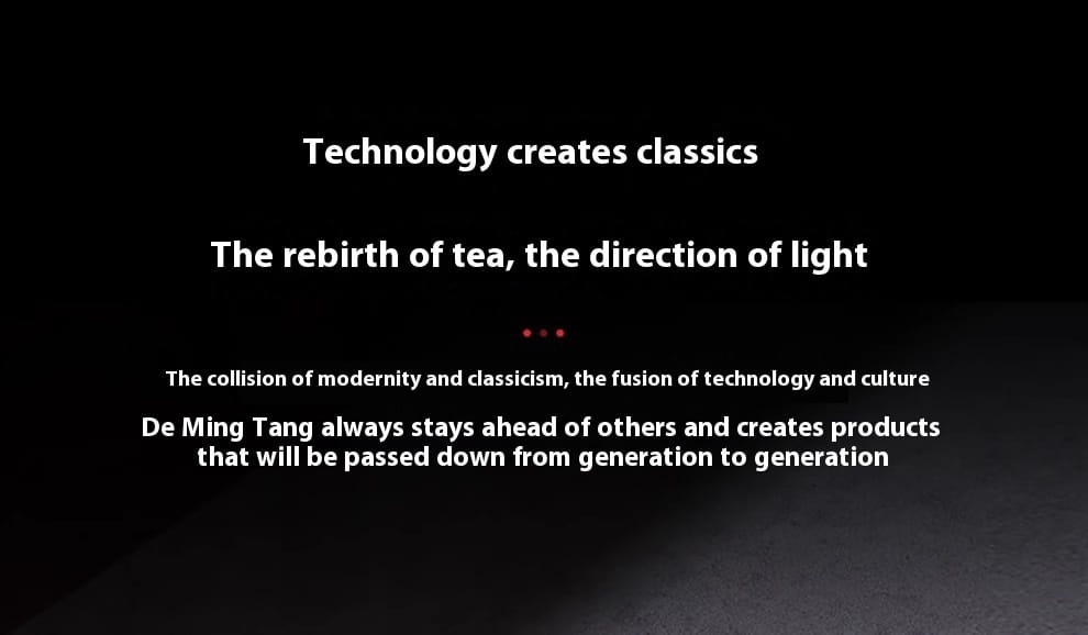 black background with white text promoting de ming tang electric ceramic stove 1000w tea cooker kettle focusing on technology creates classics