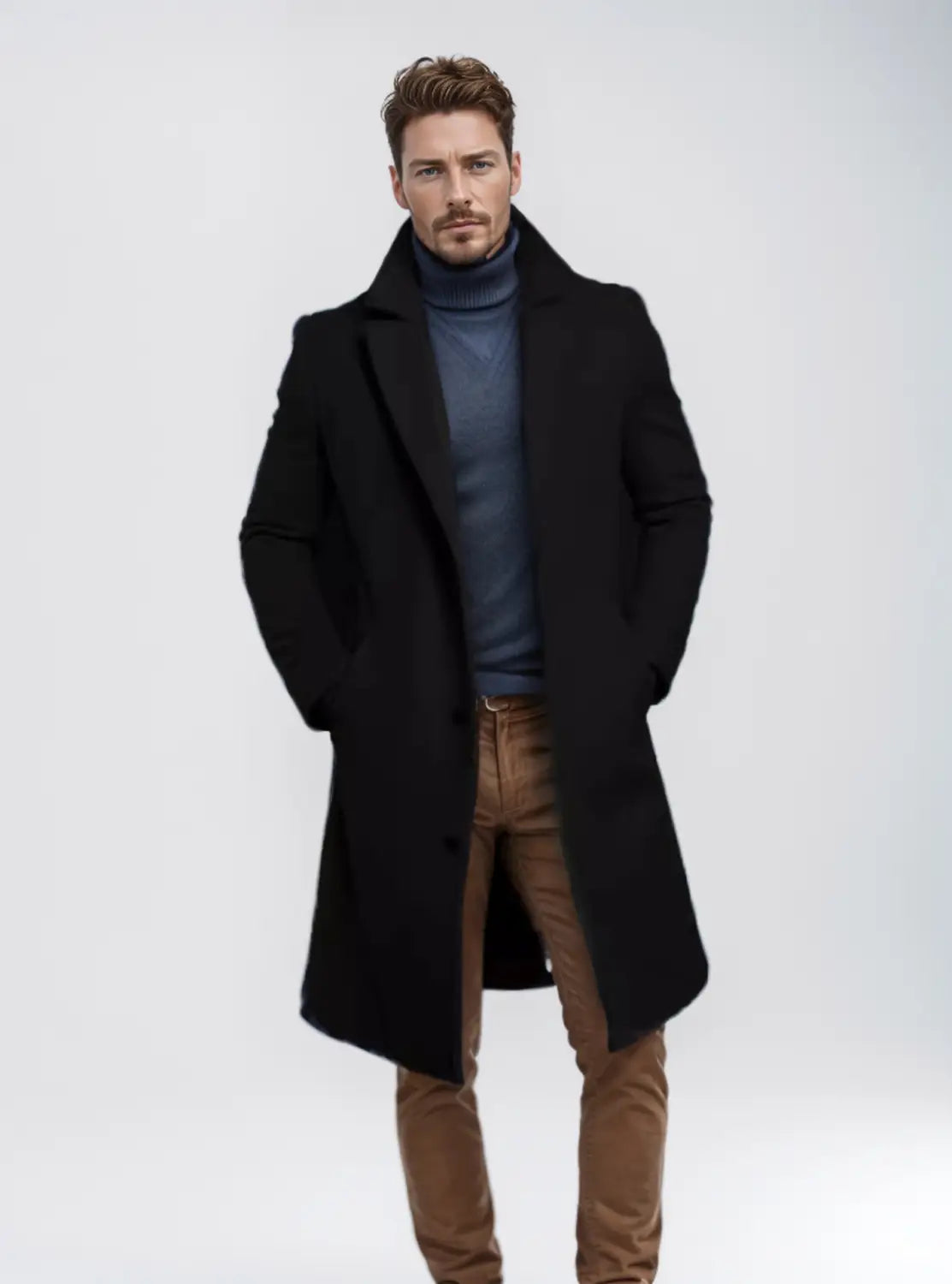 Men’s black woolen overcoat with a notched collar and front buttons suitable for business wear.