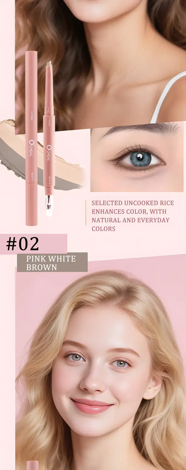 Pink white and brown eyebrow pencil with a sleek matte finish wooden barrel and fine tip for precise application featured in the rose gold dual ended eyeshadow and silkworm pen product.