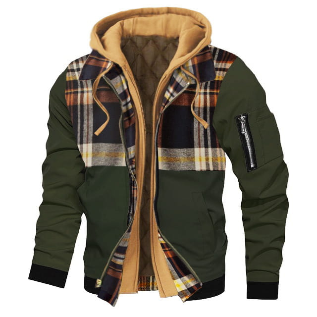 Plus size fleece lined hooded bomber jacket in olive green and plaid pattern with tan fleece lining designed for warmth and comfort.