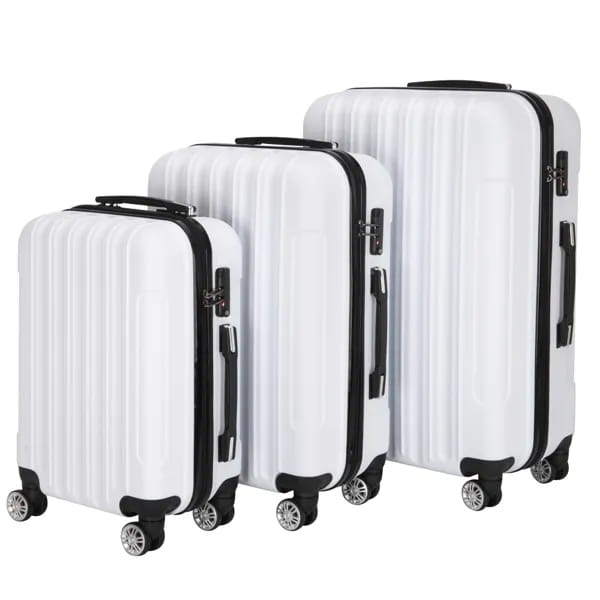 Set of three white hard shell spinner suitcases with black trim and silver wheels in a white 3 piece hard shell spinner suitcase set.